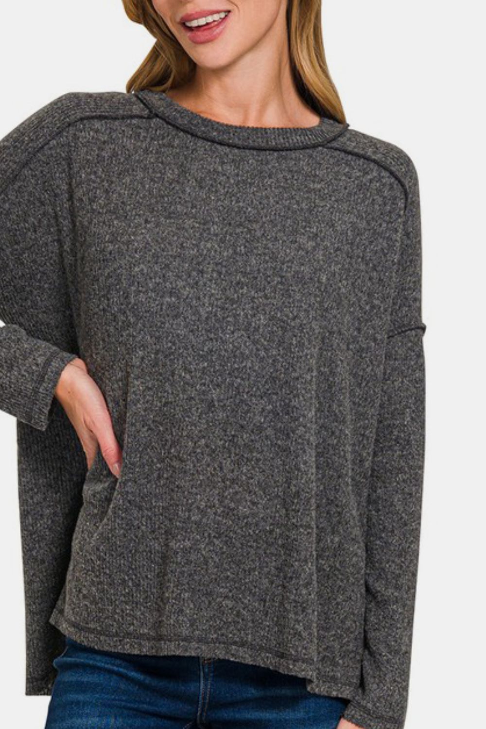 Zenana Full Size Exposed Seam Brushed Round Neck Sweater