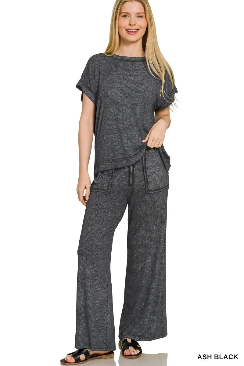アンパン　0913 Zenana Ribbed Acid Wash Rayon Top & Pants Set