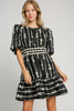 Umgee Ribbon Print Frill Contrast Velvet Trim Half Sleeve Dress