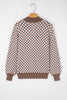 Dark Brown Half Button Ribbed Trim Checkerboard Knit Sweater