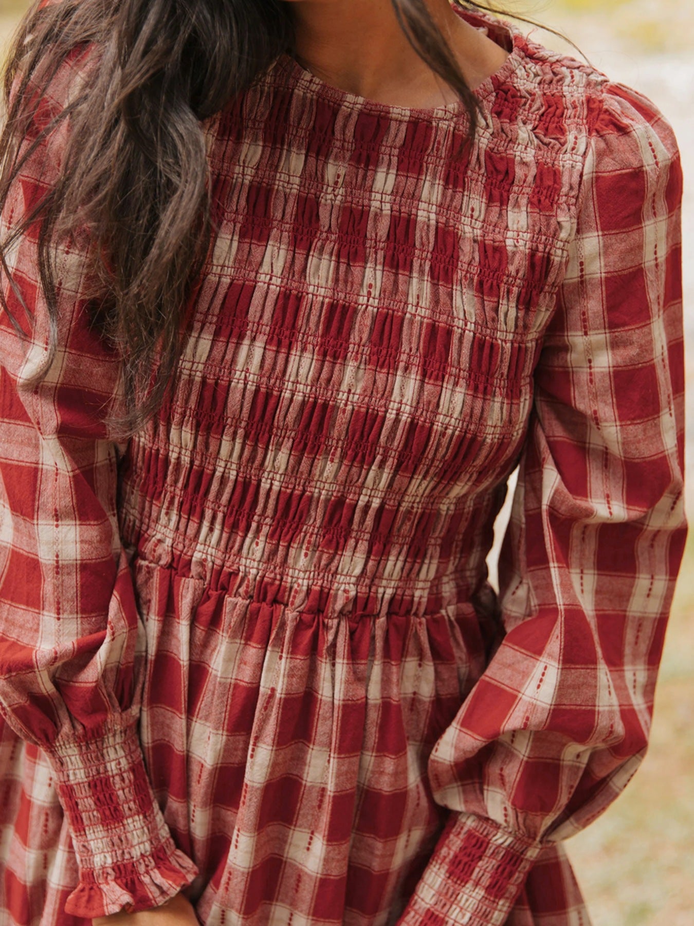 Plaid Smocked Puff Sleeve Mini Dress Flowy Casual Fall Dress Scarlet / S Plaid Smocked Puff Sleeve Mini Dress Flowy Casual Fall Dress Scarlet / S