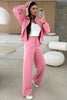 Pink Solid Color Zip Up Hoodie Drawstring Loose Pants Set