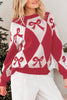 Red Bow Print 2-tone Rhombus Knit Loose Sweater
