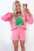 Sachet Pink Plaid Contrasted Double Christmas Tree Patched Raglan Sleeve Pullover 2pcs Short Set