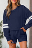 Navy Blue Varsity Striped Sleeve Drop Shoulder Sweatshirt and Short Set