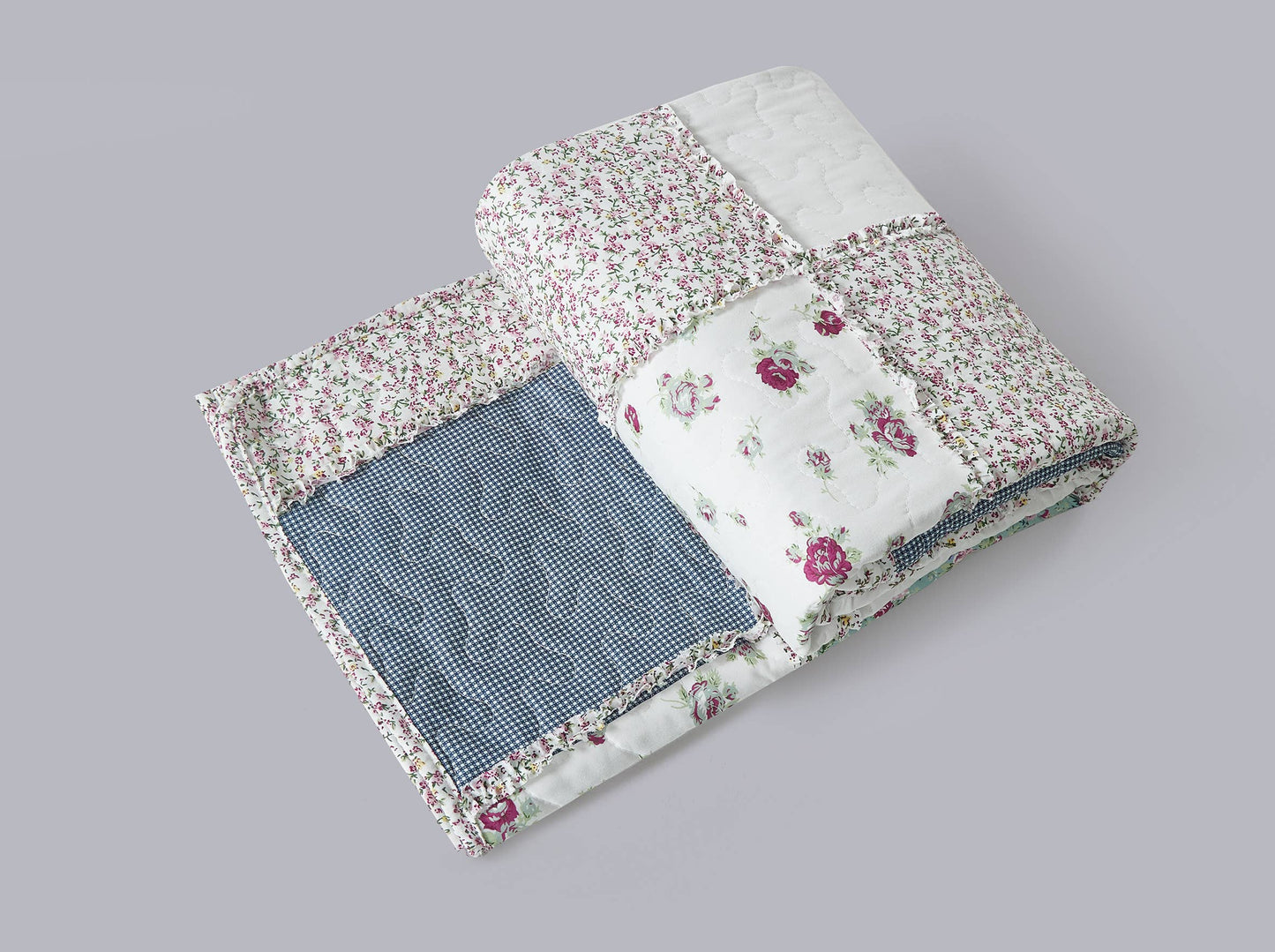 “Blue with Roses Patchwork"  Quilted Throw Blanket 50"x60"