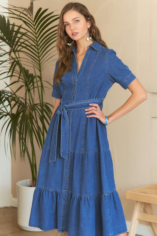 ADORA Tiered Button Down Tie Waist Short Sleeve Denim Dress