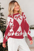 Red Bow Print 2-tone Rhombus Knit Loose Sweater