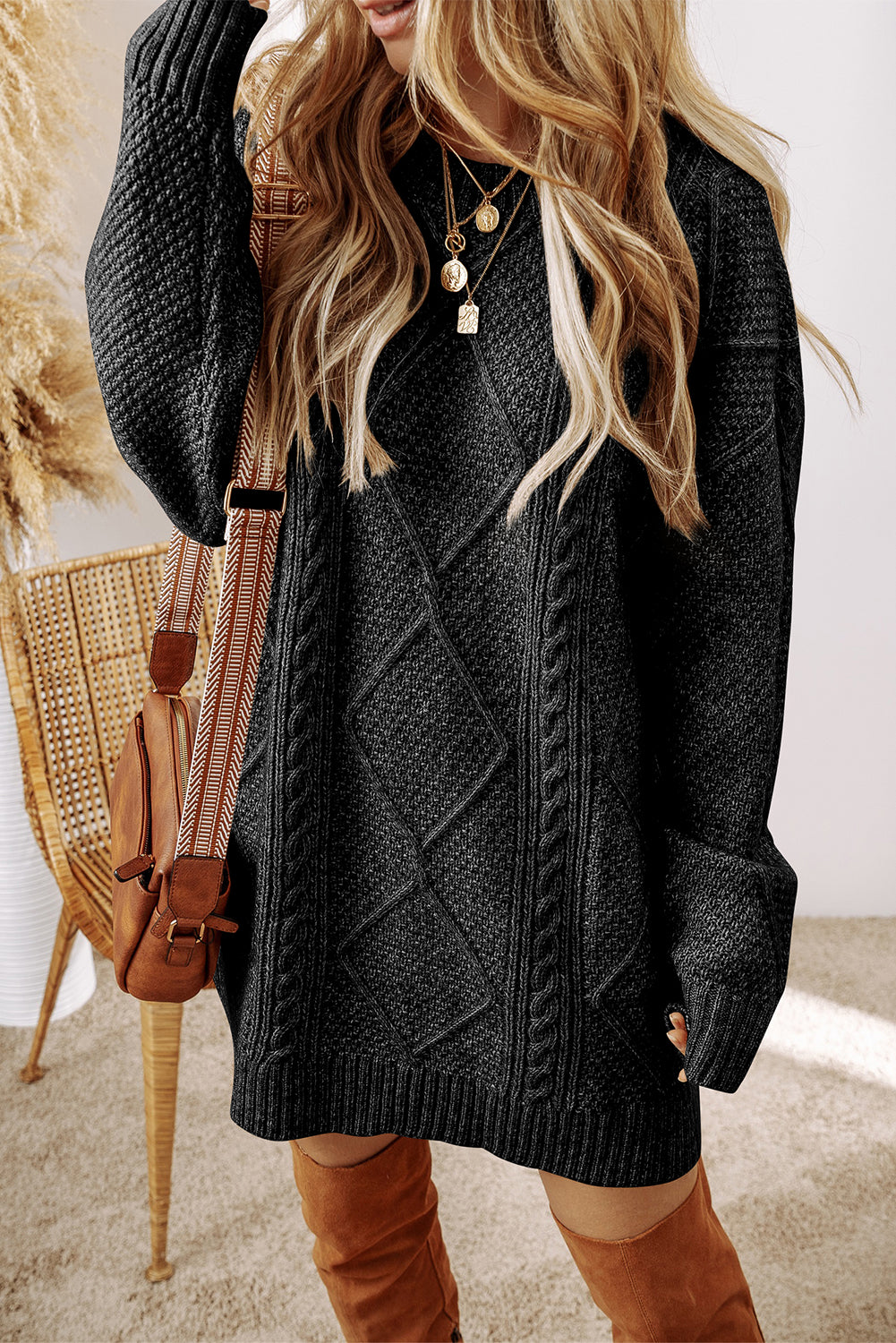 Oatmeal Cable Knit Drop Shoulder Loose Fit Sweater Dress