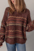 Brown Ethnic Pattern Mohair Knitted Drop Shoulder Sweater