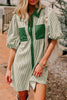 Sky Blue Stripe Color Block Patchwork Shirt Collar Button Down Puff Sleeve Mini Dress