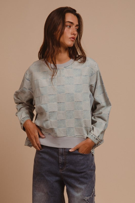 BiBi Mineral Washed Checkered Round Neck Denim Top