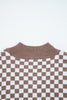 Dark Brown Half Button Ribbed Trim Checkerboard Knit Sweater