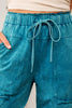 Medium Grey Mineral Wash Lace-up High Waist Raw Hem Patched Pocket Pants