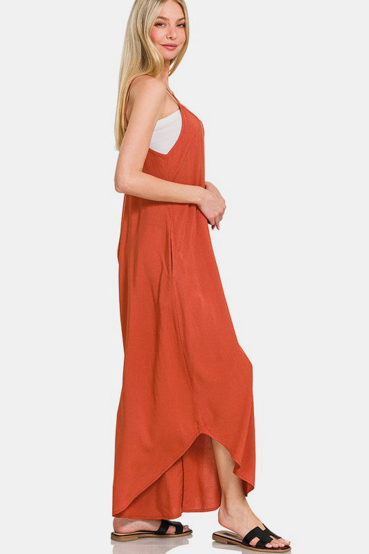 Zenana Spaghetti Strap Wide Leg Overalls with Pockets