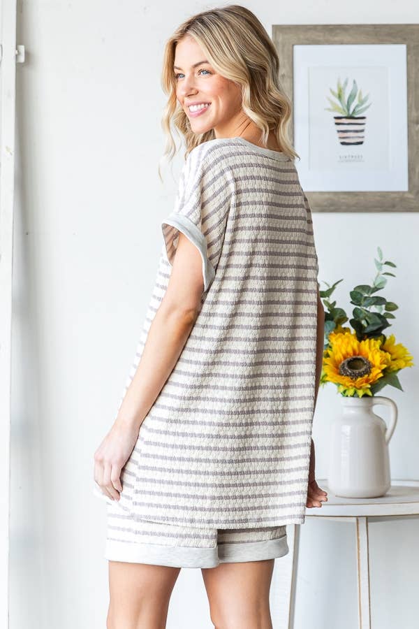 HEIMISH Round Neckline Jacquard Striped Textured Top