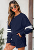 Navy Blue Varsity Striped Sleeve Drop Shoulder Sweatshirt and Short Set