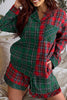 Red Plaid Contrast Patched Christmas Holiday Long Sleeve Shirt and Short 2pcs Pajama Set