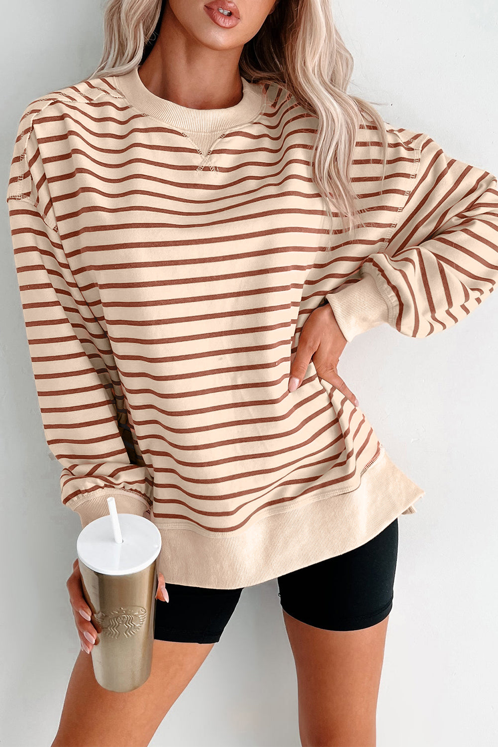 Khaki Stripe Ribbed Band Seam Detail Baggy Sweatshirt
