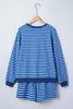 Blue Stripe Drop Shoulder Long Sleeve Pullover Elastic Waist Casual Short Set