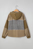 Jungle Green Mixed Texture Patchwork Exposed Seam Half Button Pullover Hooded Sweatshirt