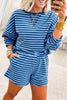 Blue Stripe Drop Shoulder Long Sleeve Pullover Elastic Waist Casual Short Set