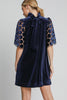 Umgee Dotted Lace Half Sleeve Mock Neck Back Tie Velvet Dress