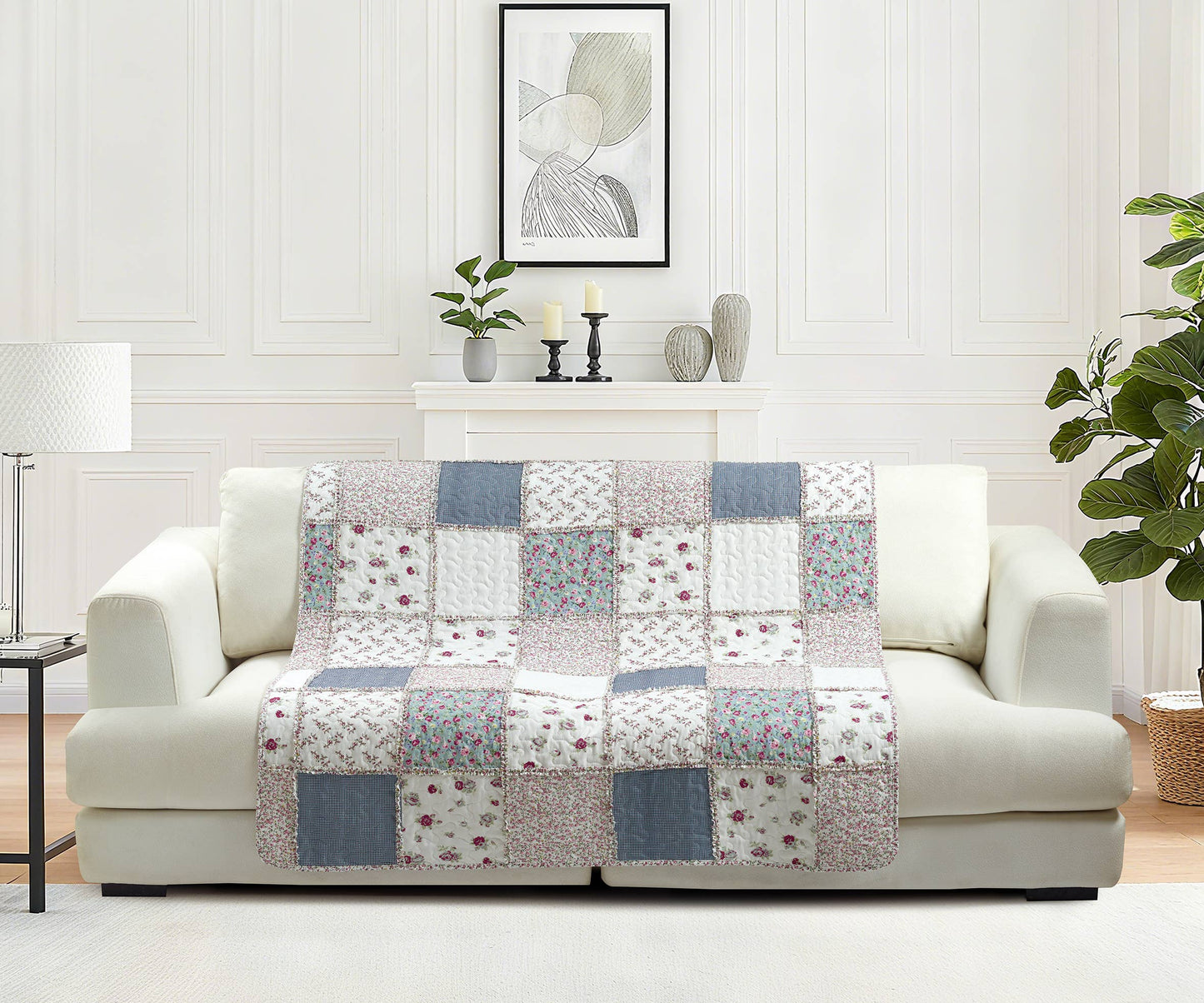 “Blue with Roses Patchwork"  Quilted Throw Blanket 50"x60"