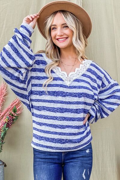 And The Why Striped Lace Detail V Neck Top - Grace Ann Faith Boutique - Official Online Boutique 