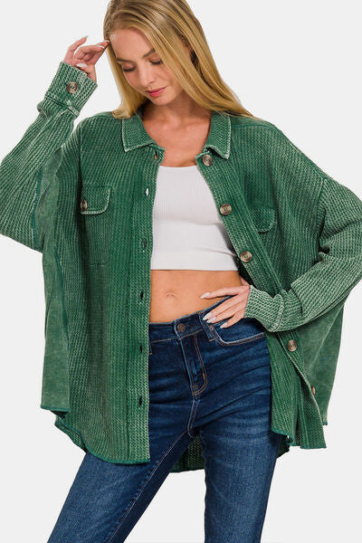 Zenana Button Up Washed Waffle Shacket - Grace Ann Faith Boutique - Official Online Boutique 