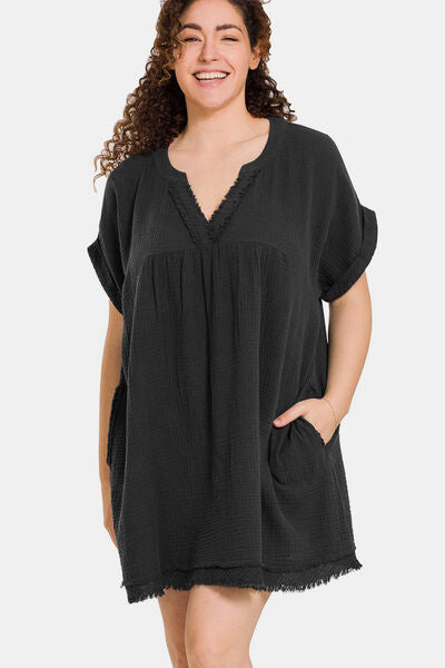 Zenana Full Size Raw Hem Notched Short Sleeve Mini Dress - Grace Ann Faith Boutique - Official Online Boutique 