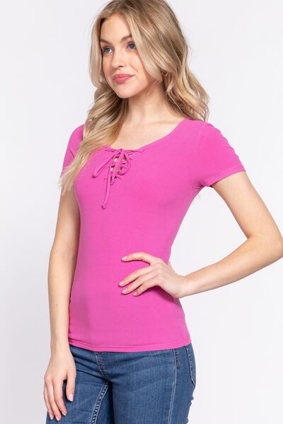 ACTIVE BASIC Lace Up Short Sleeve Rib Knit T-Shirt - Grace Ann Faith Boutique - Official Online Boutique 
