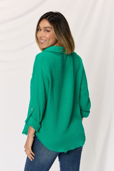 Zenana Texture Button Up Raw Hem Long Sleeve Shirt - Grace Ann Faith Boutique - Official Online Boutique 