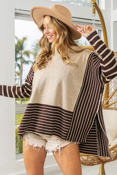 BiBi Striped Contrast Long Sleeve Slit Top - Grace Ann Faith Boutique - Official Online Boutique 
