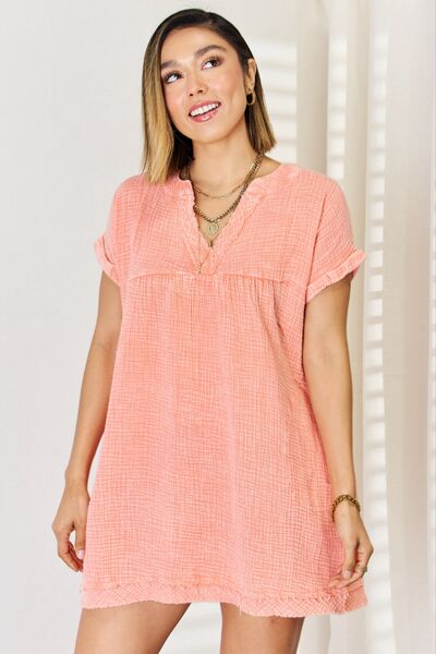 Zenana Washed Nochted Rolled Short Sleeve Dress - Grace Ann Faith Boutique - Official Online Boutique 