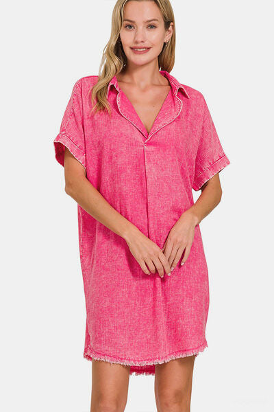 Zenana Washed Linen V Neck Raw Hem Dress