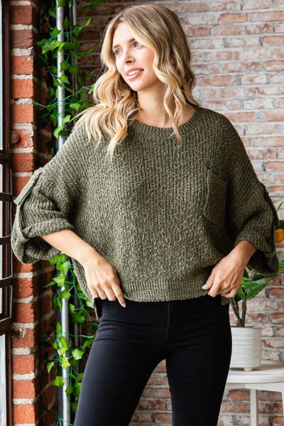 Veveret Round Neck Roll-Up Sweater - Grace Ann Faith Boutique - Official Online Boutique 