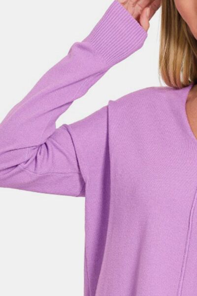 Zenana Slit V-Neck Dropped Shoulder Sweater - Grace Ann Faith Boutique - Official Online Boutique 